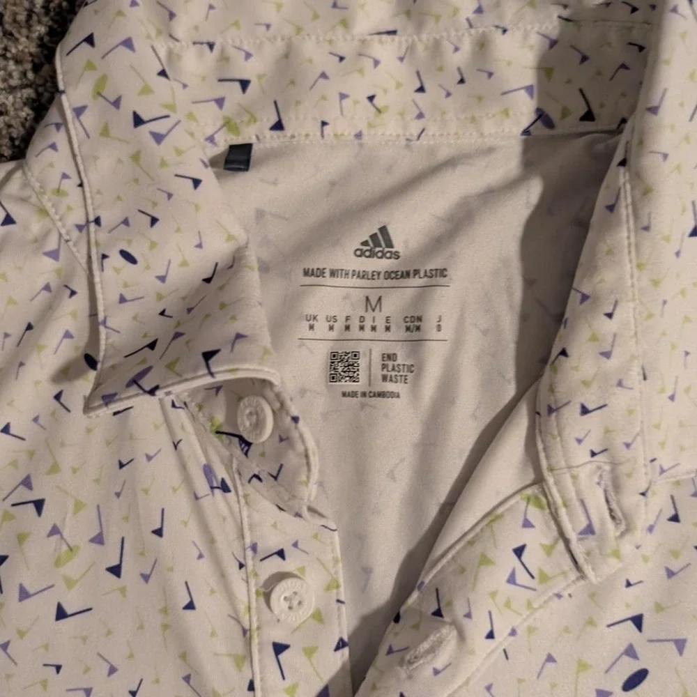 Adidas Golf‎ Mens Parley Ocean Plastic Polo Shirt White Blue Flag Print Size M